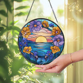 Sunset Ocean Stained Glass Suncatcher, Round Floral Window Panel with Waves and Flowers, Coastal Beach Glass Art Home Decor Gift
